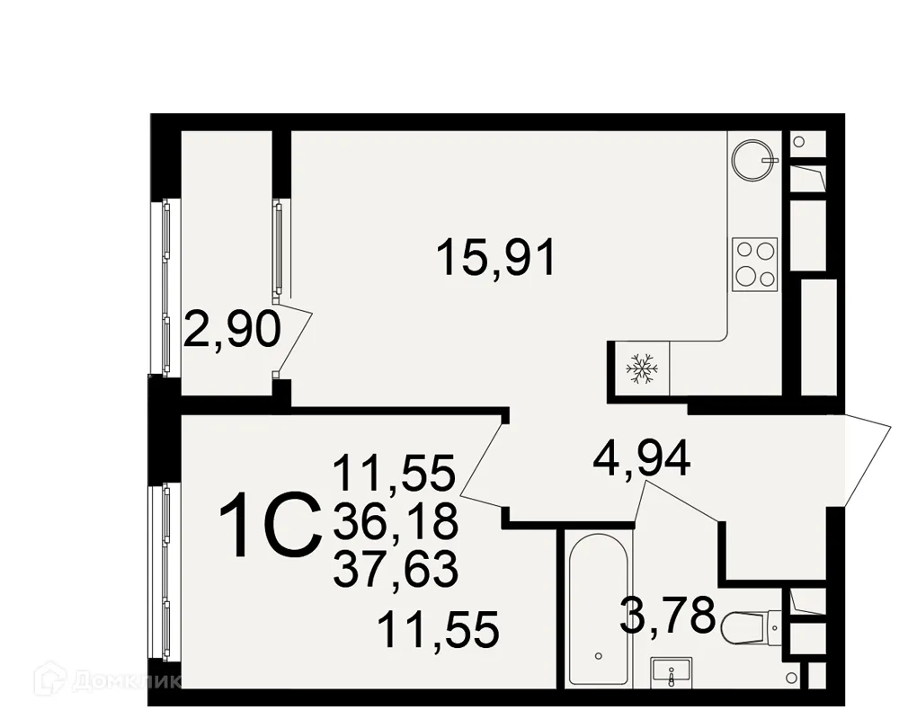 Планировка 1-комнатной квартиры 37.63 м² в Импульс, г. Рязань — фото 1