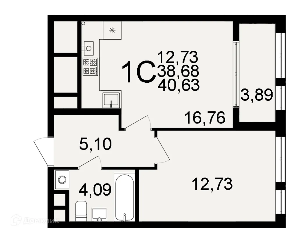 Планировка 1-комнатной квартиры 40.63 м² в ЖК "Открытие", г. Рязань — фото 1