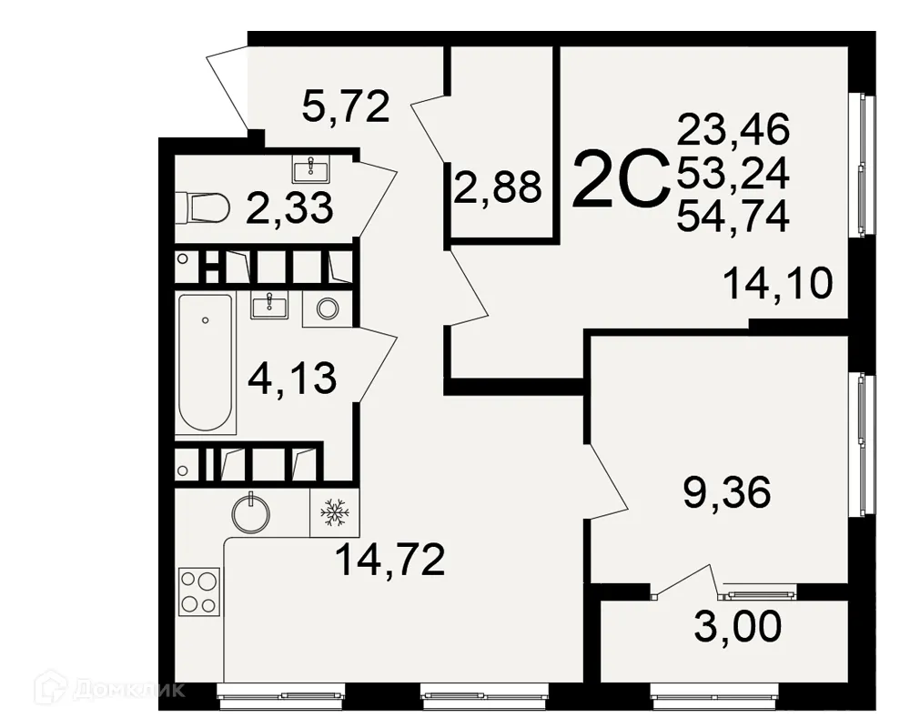 Планировка 2-комнатной квартиры 54.74 м² в Импульс, г. Рязань — фото 1