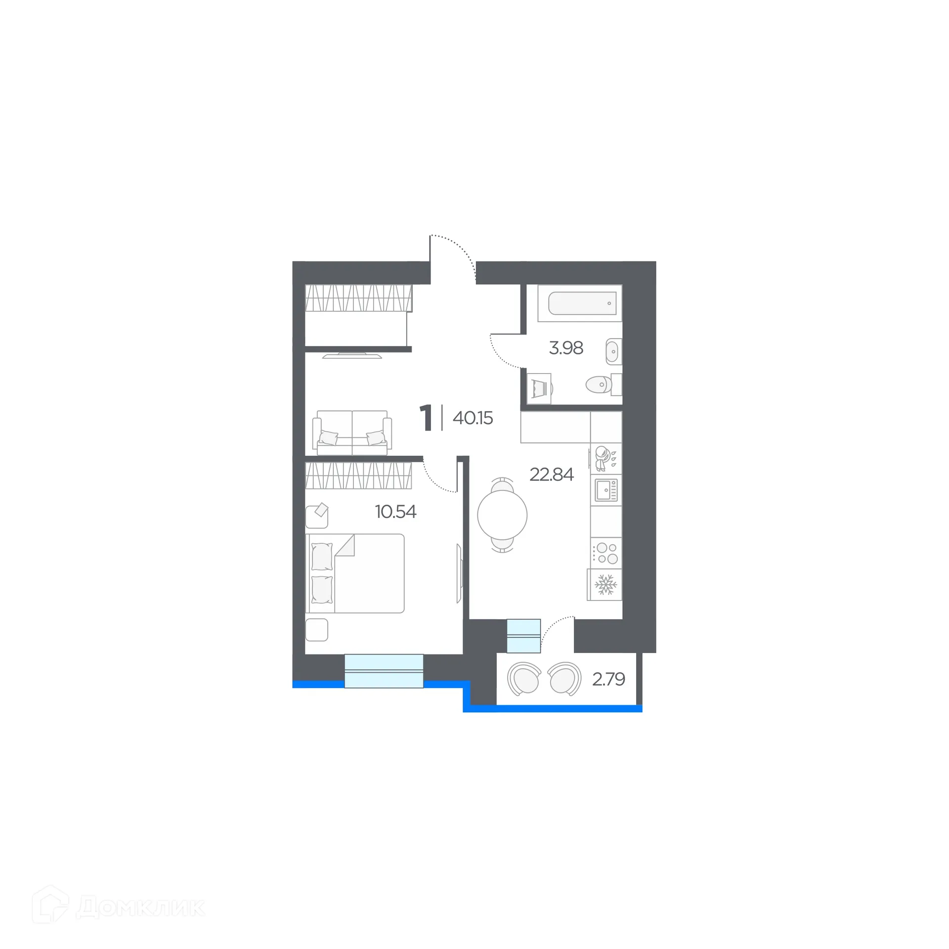 Планировка 1-комнатной квартиры 40.15 м² в ЖК ОГНИ, г. Дядьково — фото 1