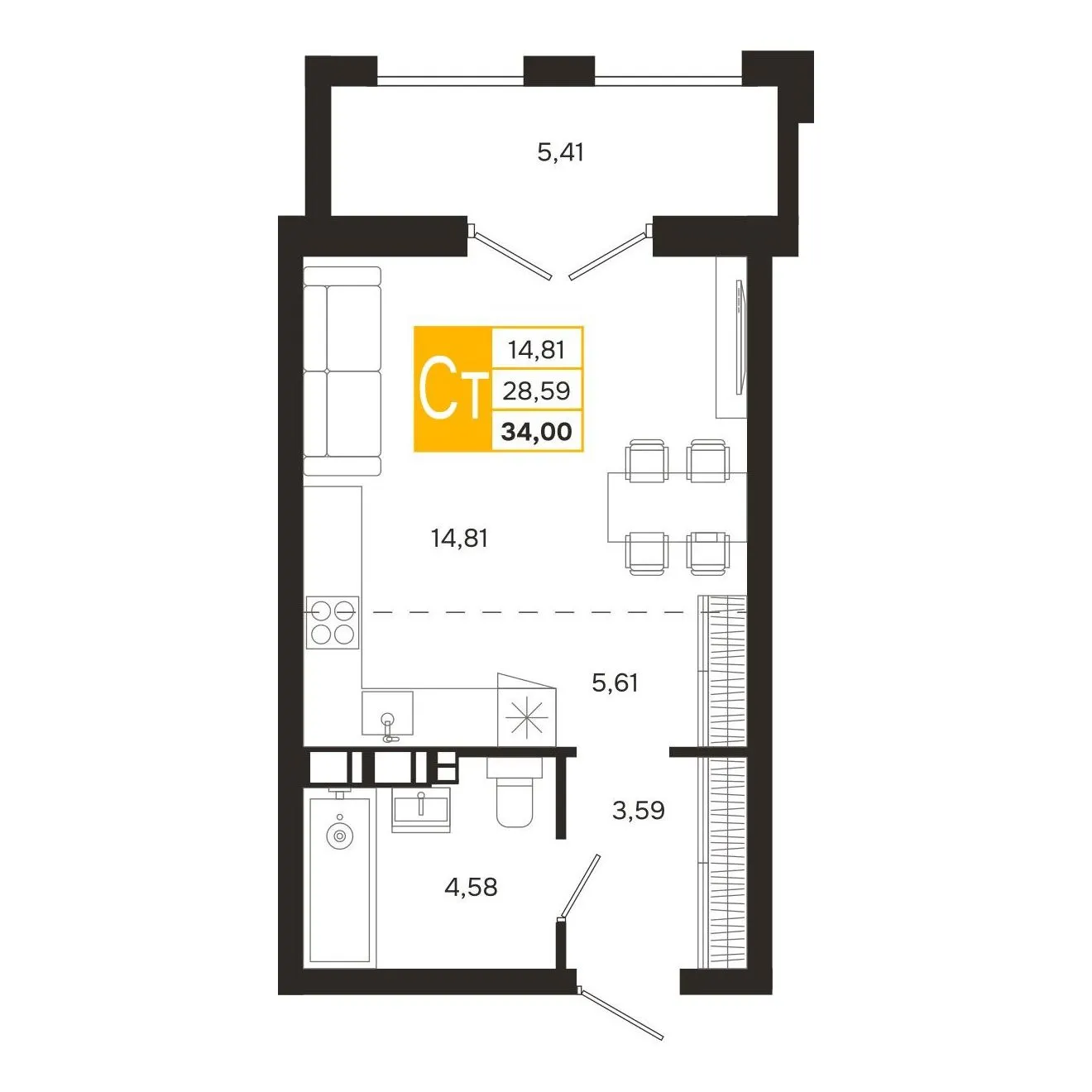 Планировка студии квартиры 34 м² в ЖК Ривер Парк, г. Рязань — фото 6