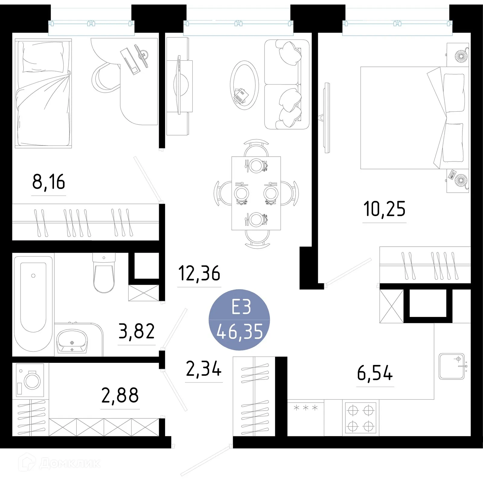 Планировка 2-комнатной квартиры 46.35 м² в Живи, г. Рязань — фото 1
