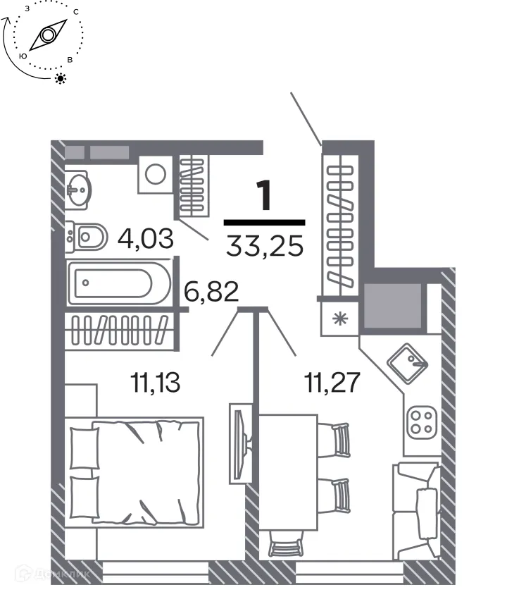 Планировка 1-комнатной квартиры 33.25 м² в Кипарис (Дом на Быстрецкой), г. Рязань — фото 1