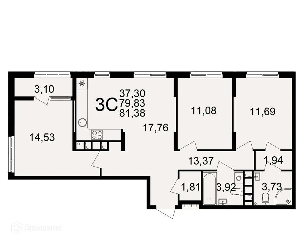 Планировка 3-комнатной квартиры 81.38 м² в Импульс, г. Рязань — фото 1