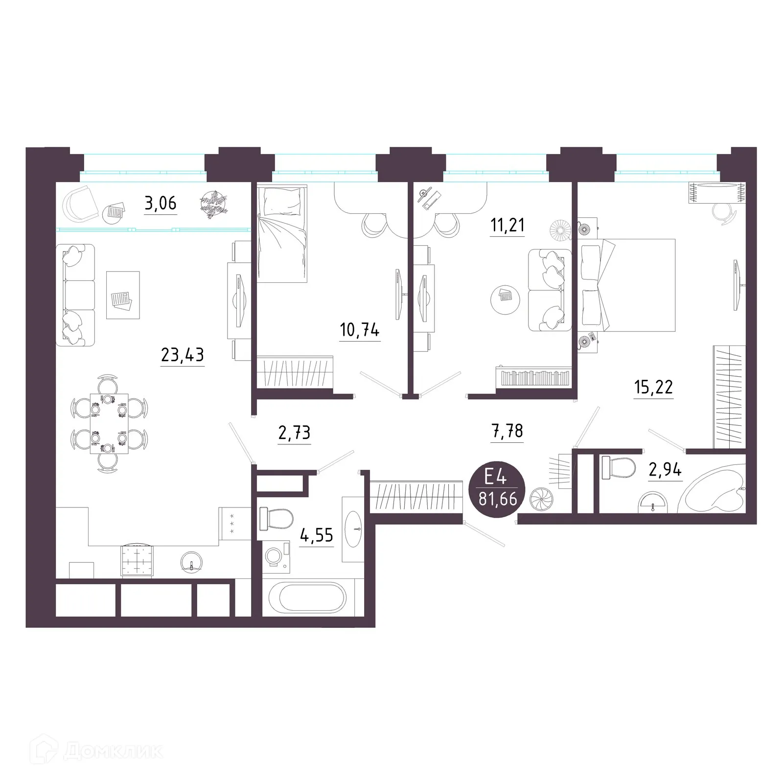 Планировка 3-комнатной квартиры 81.66 м² в ЖК Крылья, г. Рязань — фото 2