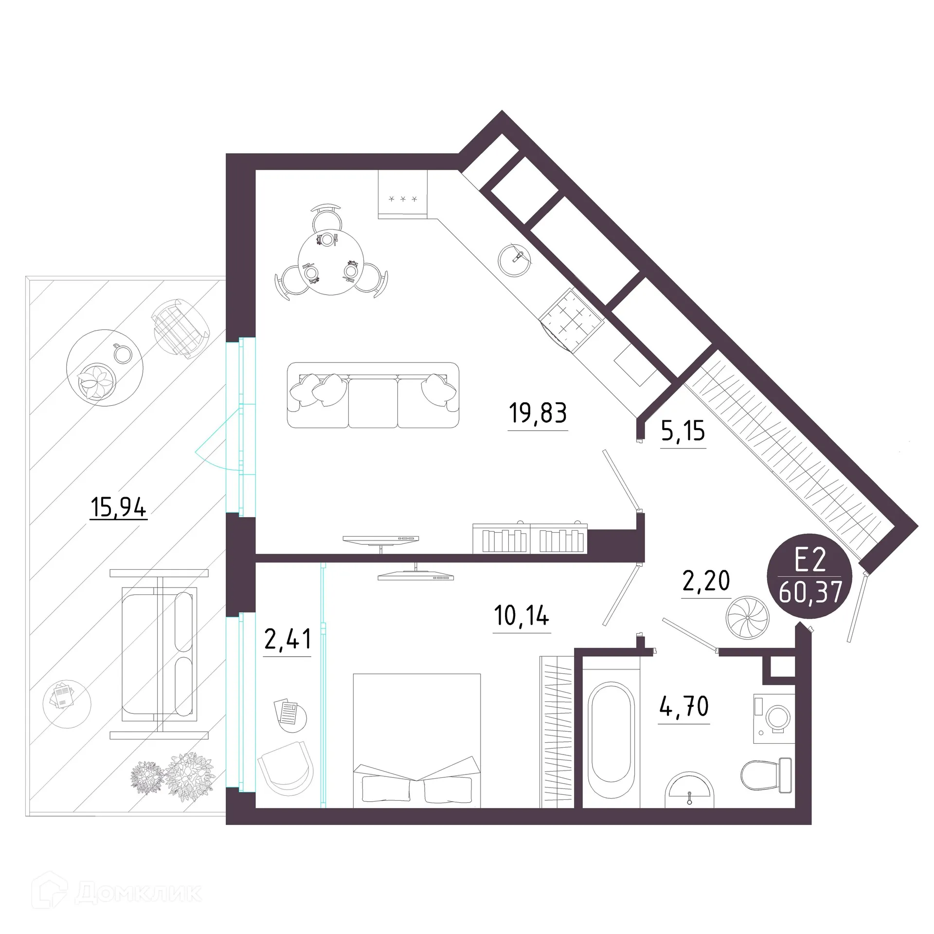 Планировка 1-комнатной квартиры 60.37 м² в ЖК Крылья, г. Рязань — фото 1