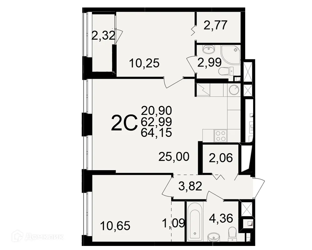Планировка 2-комнатной квартиры 64.15 м² в ЖК"Новое измерение", г. Рязань — фото 1