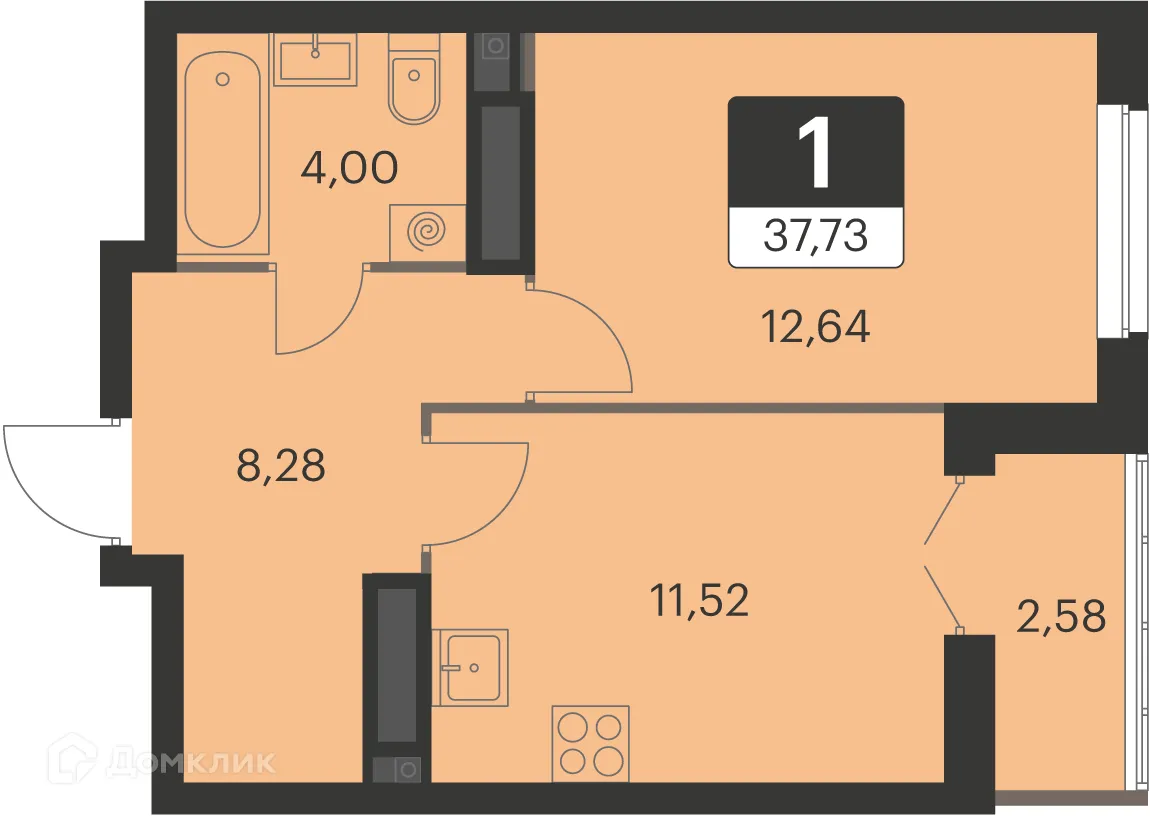 Планировка 1-комнатной квартиры 37.9 м² в ЖК Спутник-1, г. Екатеринбург — фото 1