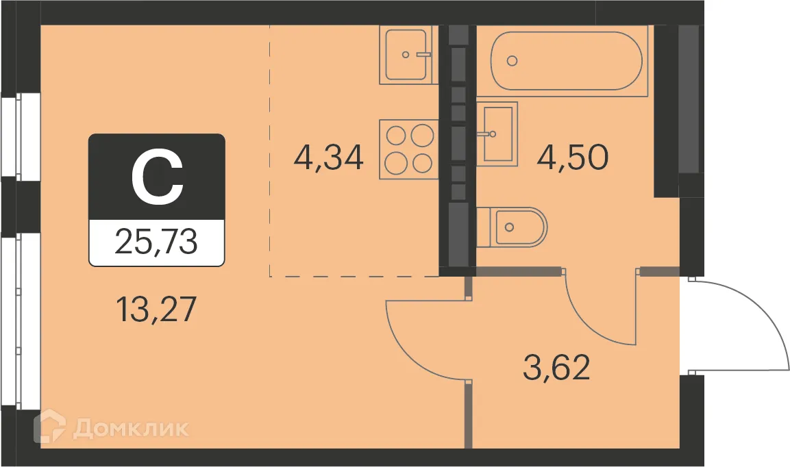 Планировка 1-комнатной квартиры 25.6 м² в ЖК Спутник-1, г. Екатеринбург — фото 1