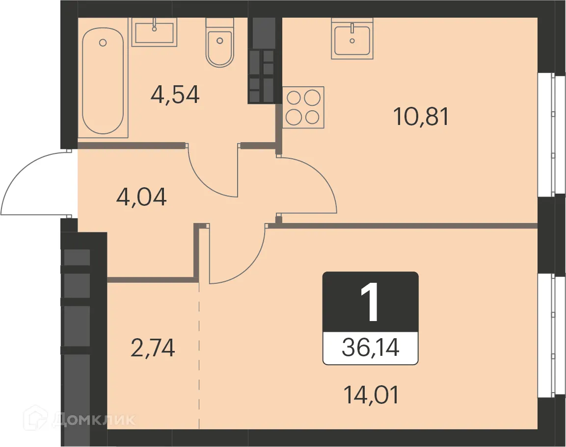 Планировка 1-комнатной квартиры 36.1 м² в ЖК Спутник-1, г. Екатеринбург — фото 1