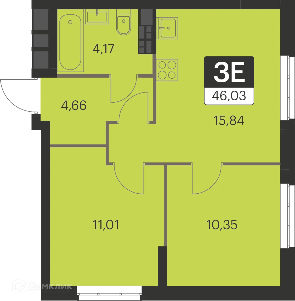 Планировка 2-комнатной квартиры 45.7 м² в ЖК Спутник-1, г. Екатеринбург — фото 1