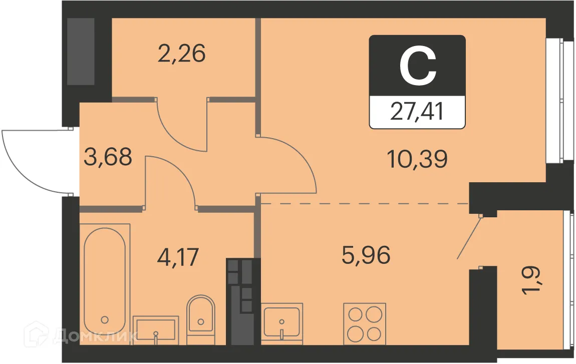 Планировка 1-комнатной квартиры 27.2 м² в ЖК Спутник-1, г. Екатеринбург — фото 1
