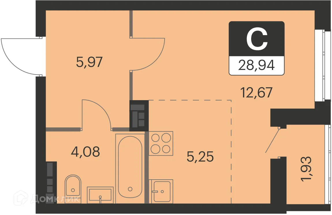 Планировка 1-комнатной квартиры 28.8 м² в ЖК Спутник-1, г. Екатеринбург — фото 1