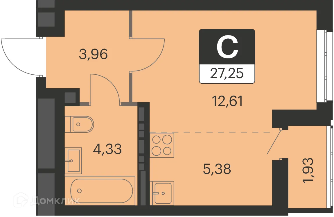 Планировка 1-комнатной квартиры 27.1 м² в ЖК Спутник-1, г. Екатеринбург — фото 1