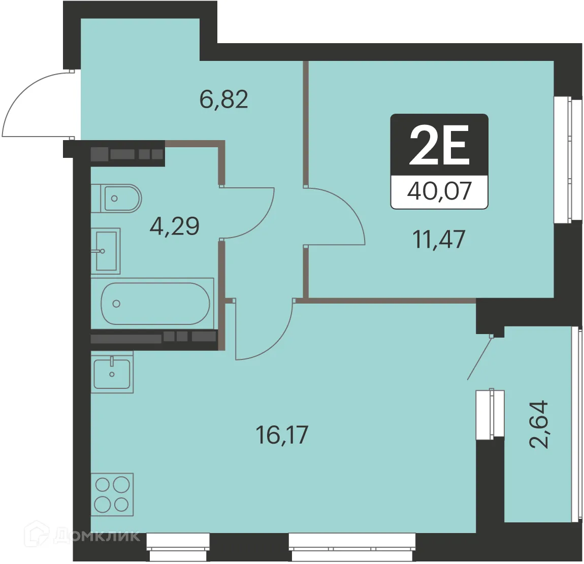 Планировка 1-комнатной квартиры 39.8 м² в ЖК Спутник-1, г. Екатеринбург — фото 1
