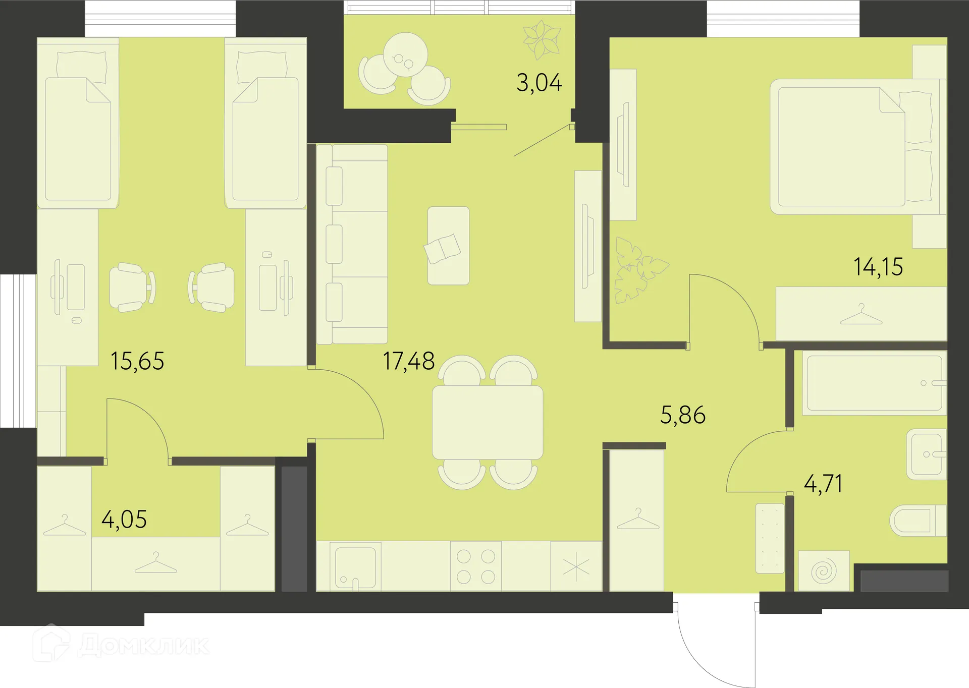 Планировка 2-комнатной квартиры 63.48 м² в ЖК Спутник-1, г. Екатеринбург — фото 1