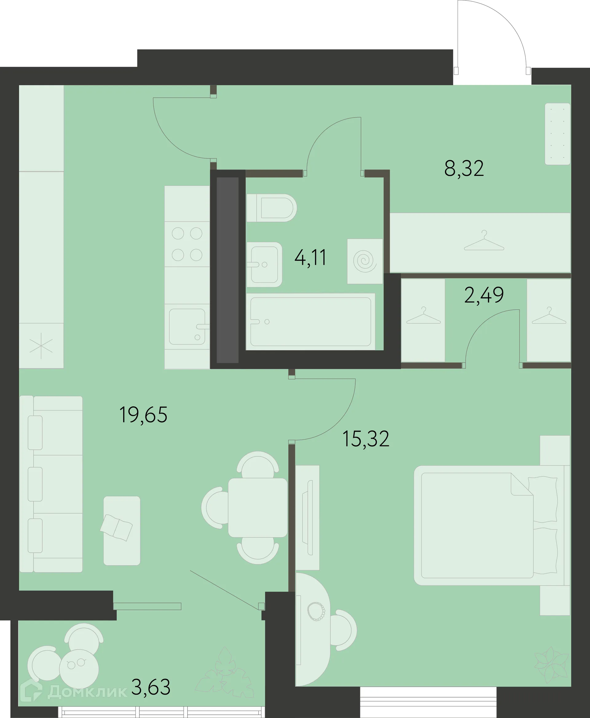 Планировка 1-комнатной квартиры 51.71 м² в ЖК Спутник-1, г. Екатеринбург — фото 1