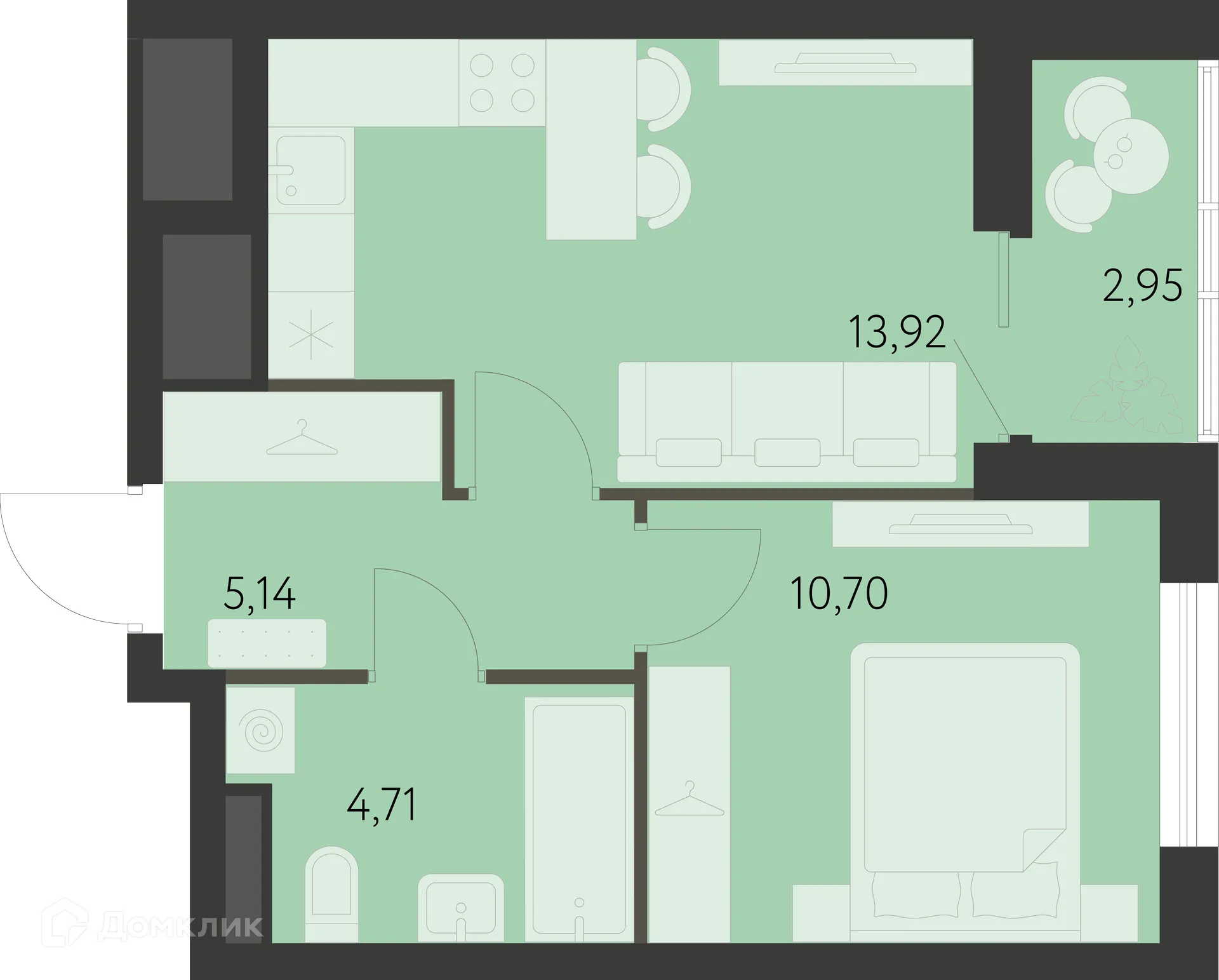 Планировка 1-комнатной квартиры 35.95 м² в ЖК Спутник-1, г. Екатеринбург — фото 1