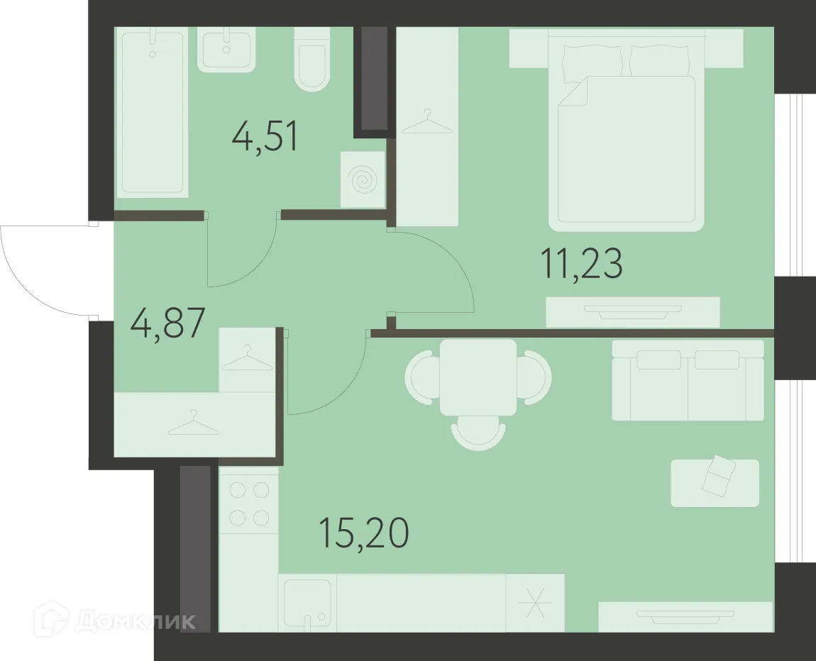 Планировка 1-комнатной квартиры 35.86 м² в ЖК Спутник-1, г. Екатеринбург — фото 1