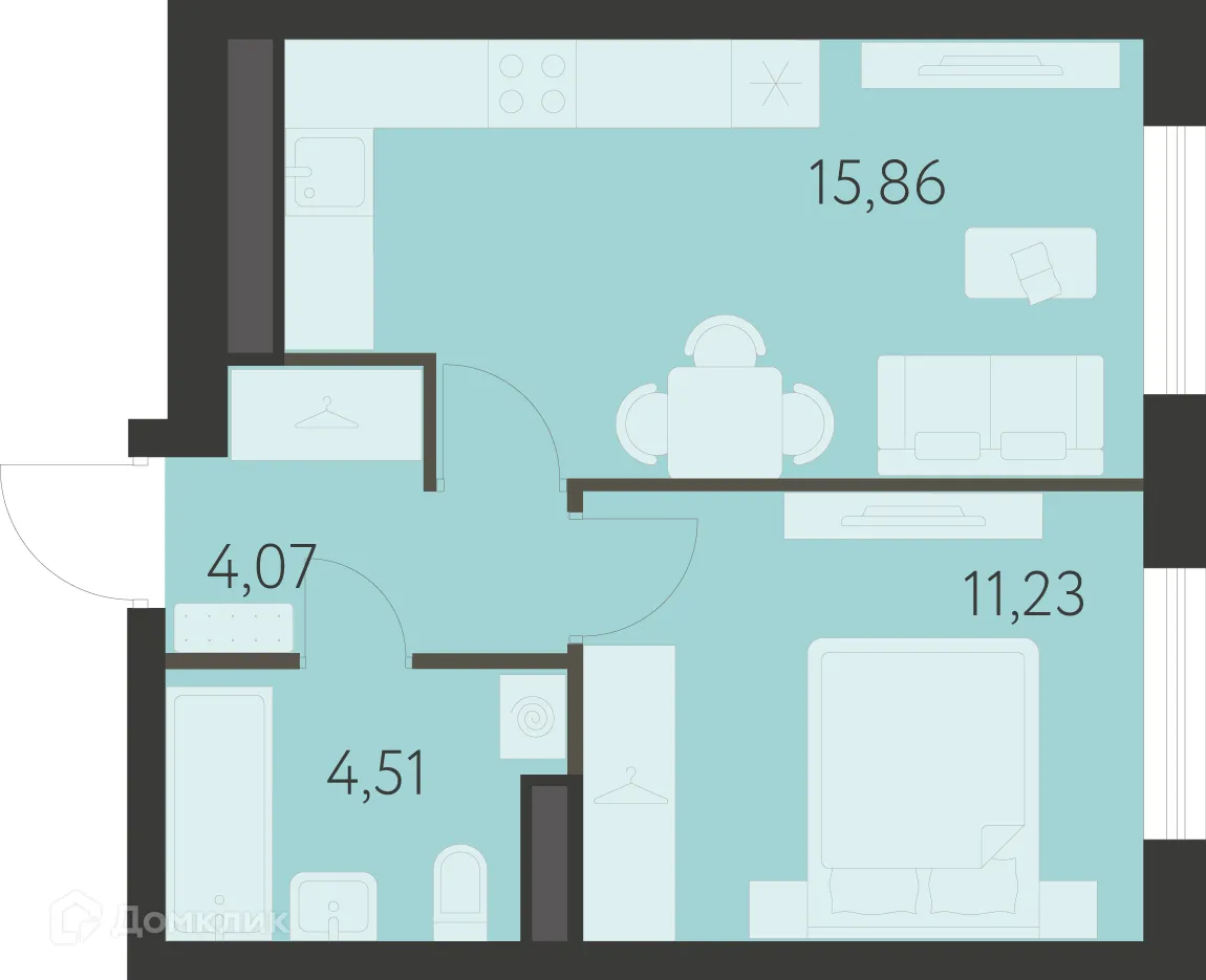 Планировка 1-комнатной квартиры 35.72 м² в ЖК Спутник-1, г. Екатеринбург — фото 1