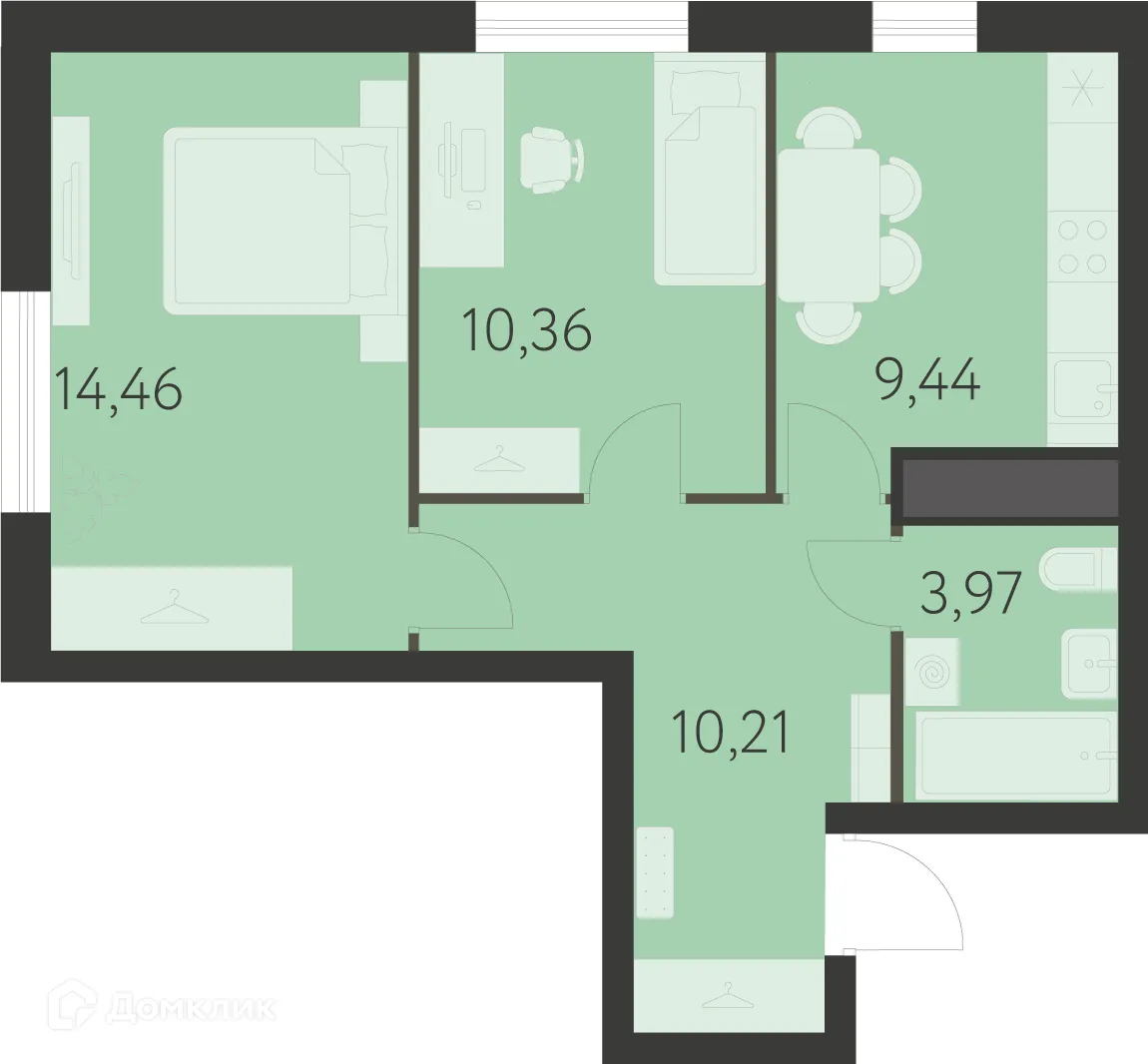 Планировка 2-комнатной квартиры 48.44 м² в ЖК Спутник-1, г. Екатеринбург — фото 1