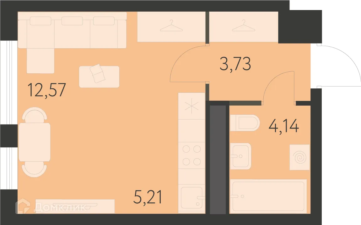 Планировка 1-комнатной квартиры 25.65 м² в ЖК Спутник-1, г. Екатеринбург — фото 1