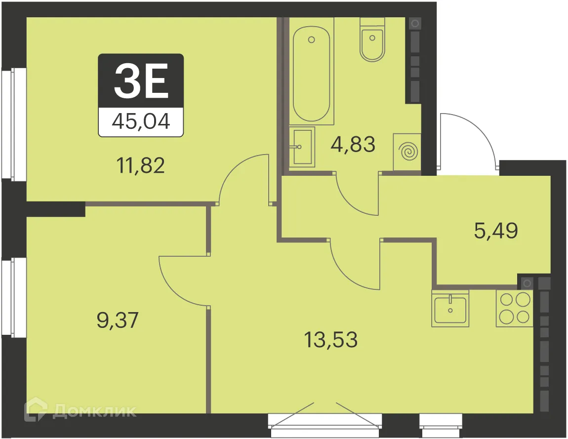 Планировка 2-комнатной квартиры 44.6 м² в ЖК Спутник-1, г. Екатеринбург — фото 1