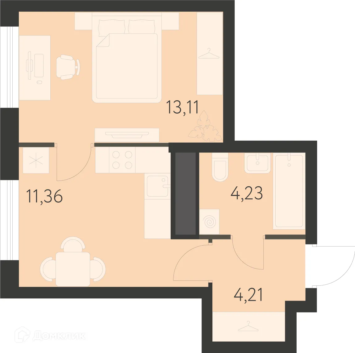 Планировка 1-комнатной квартиры 32.91 м² в ЖК Спутник-1, г. Екатеринбург — фото 1