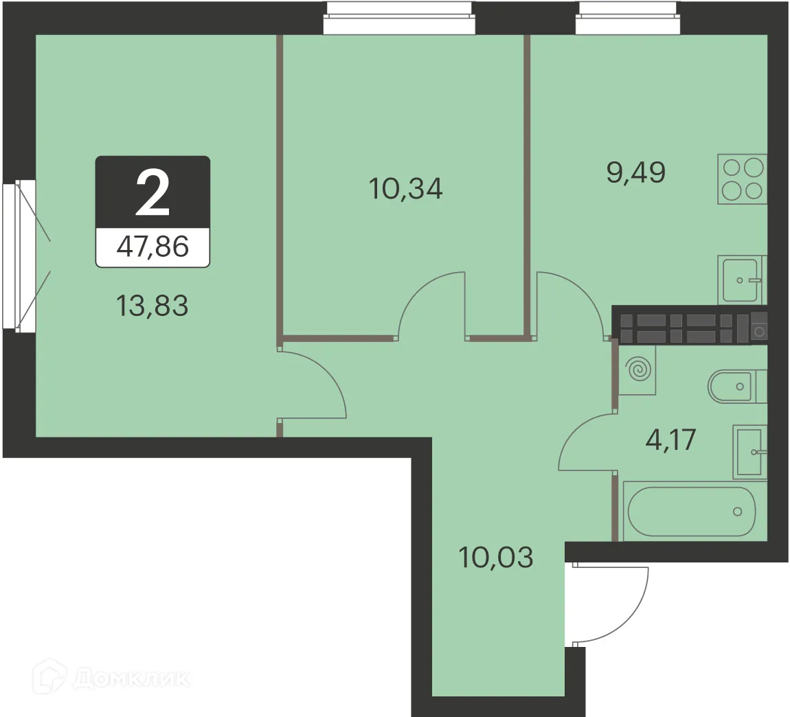 Планировка 2-комнатной квартиры 47.8 м² в ЖК Спутник-1, г. Екатеринбург — фото 1