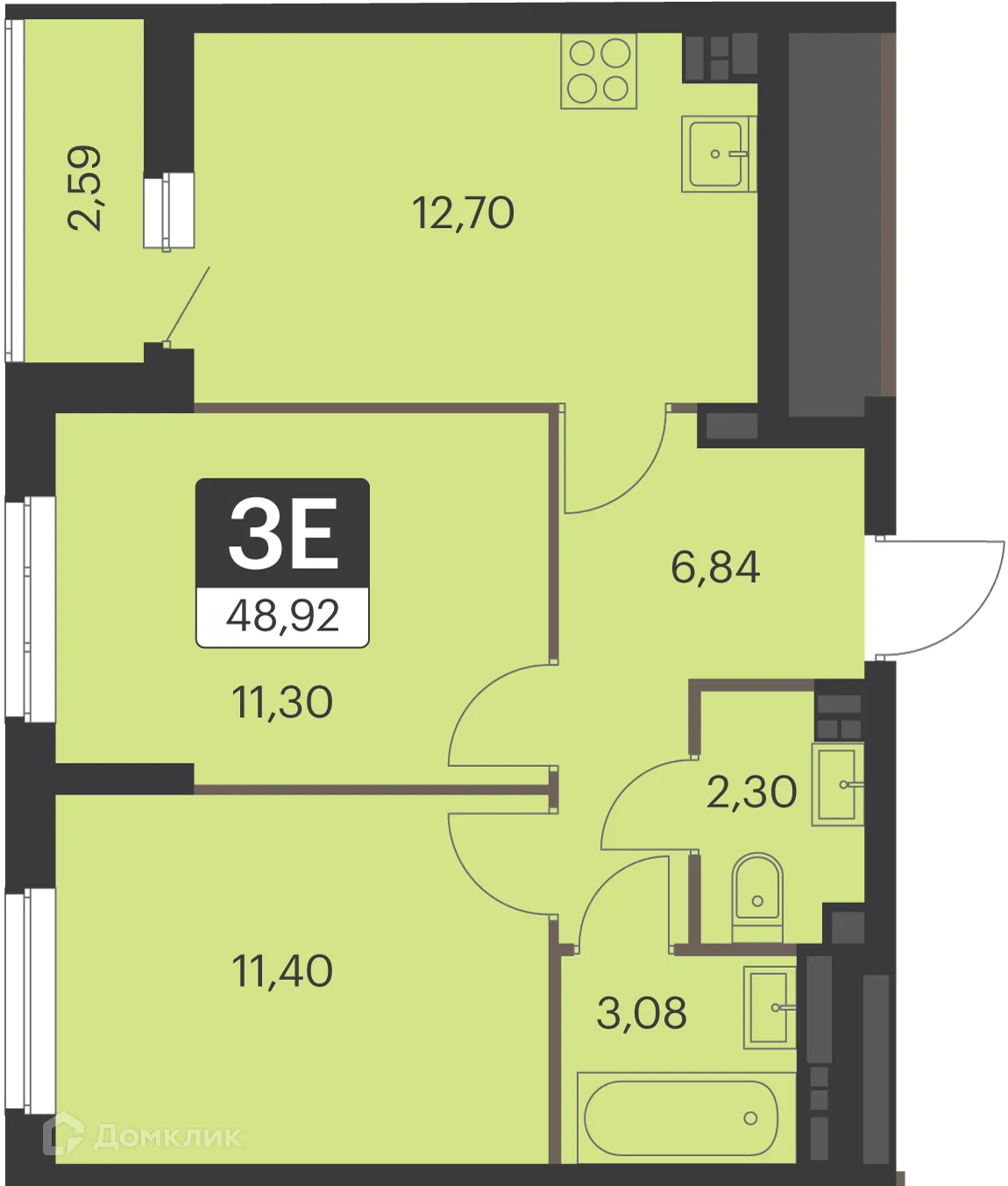 Планировка 2-комнатной квартиры 48.92 м² в ЖК Спутник-1, г. Екатеринбург — фото 1