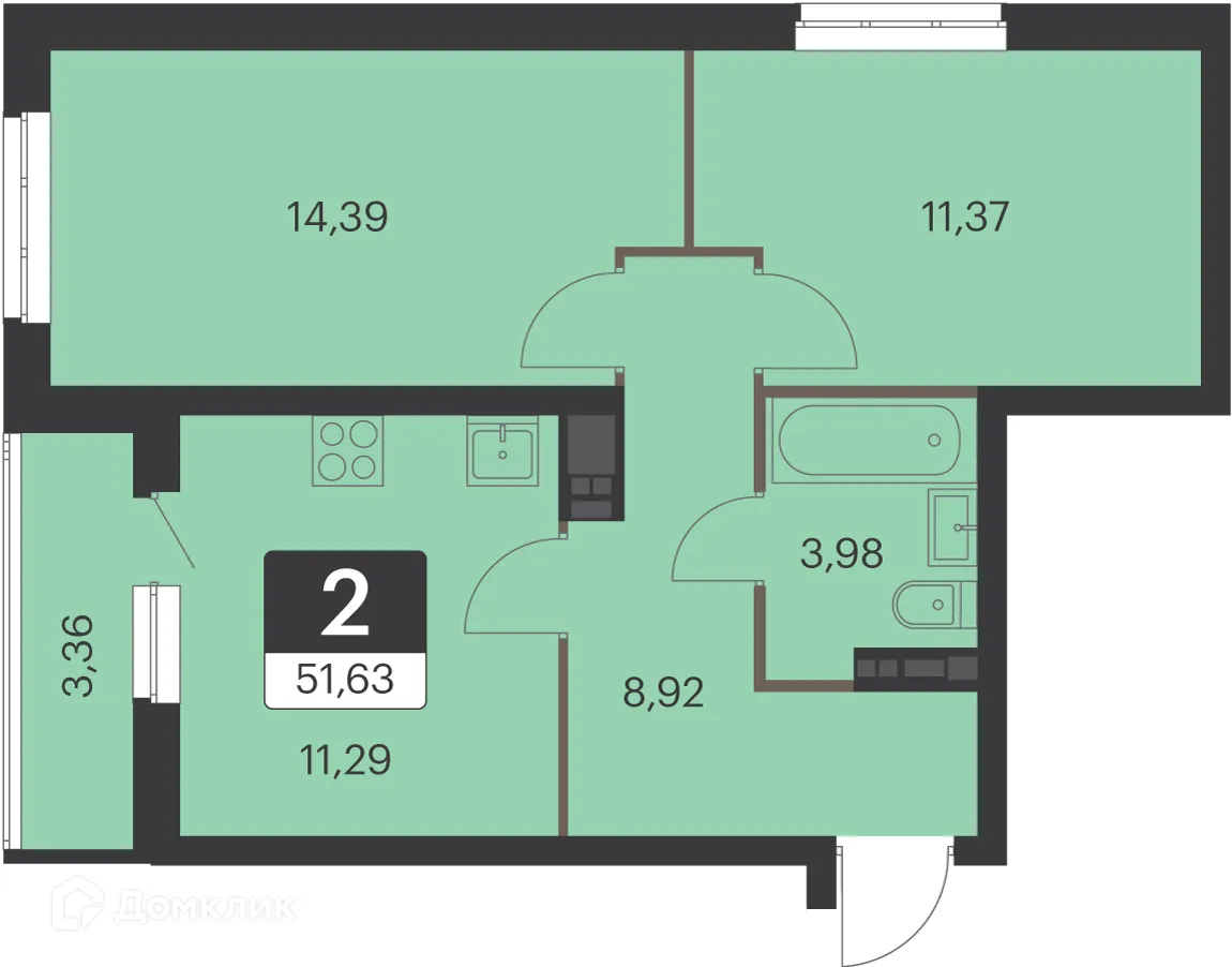 Планировка 2-комнатной квартиры 51.3 м² в ЖК Спутник-1, г. Екатеринбург — фото 1