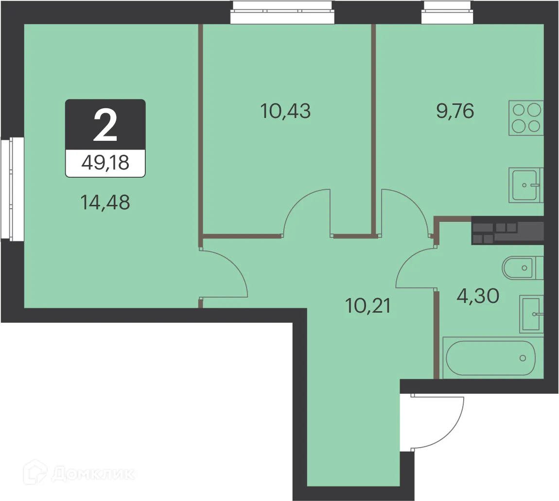 Планировка 2-комнатной квартиры 48.4 м² в ЖК Спутник-1, г. Екатеринбург — фото 1