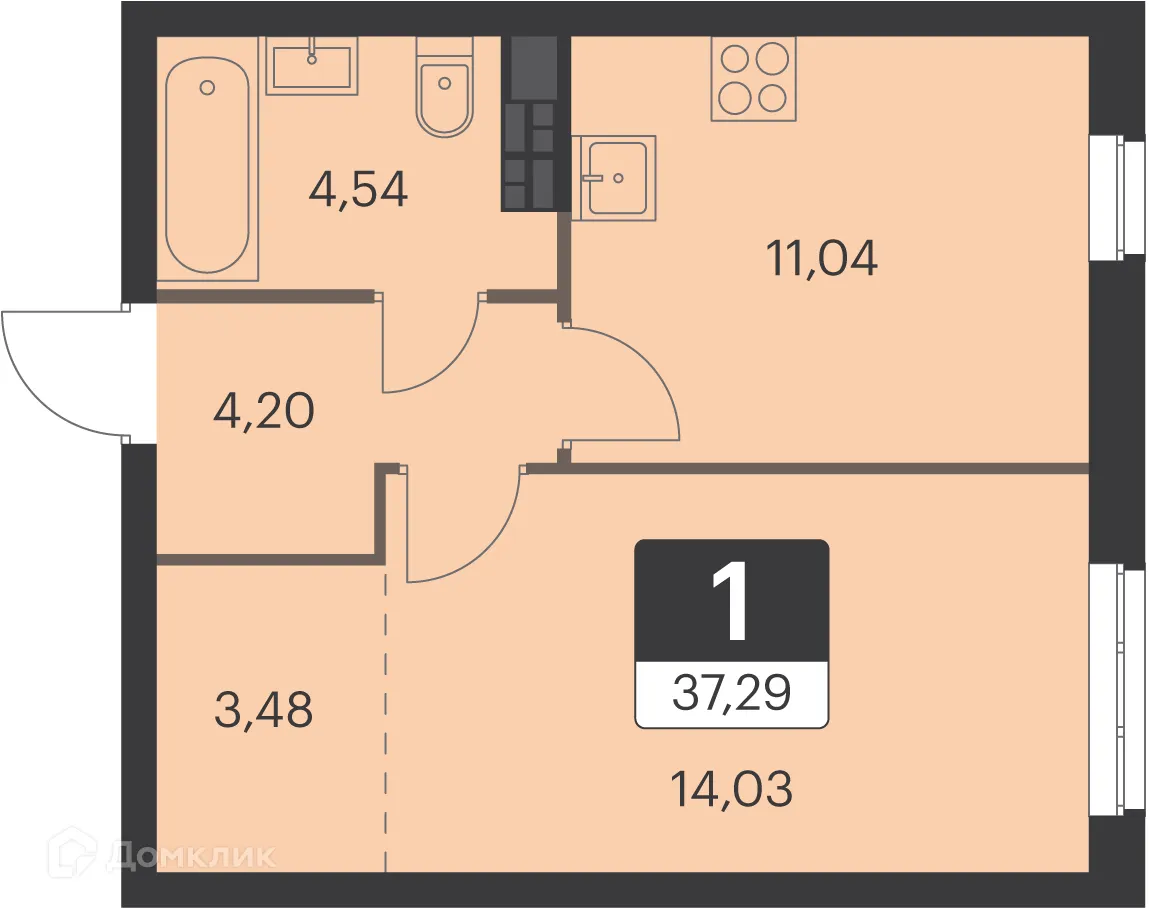 Планировка 1-комнатной квартиры 36.6 м² в ЖК Спутник-1, г. Екатеринбург — фото 1