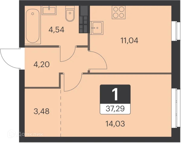 Планировка 1 комн. в ЖК Спутник-1