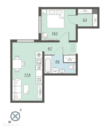 Планировка 1-комнатной квартиры 40.7 м² в ЖК Меридиан, г. Екатеринбург — фото 1