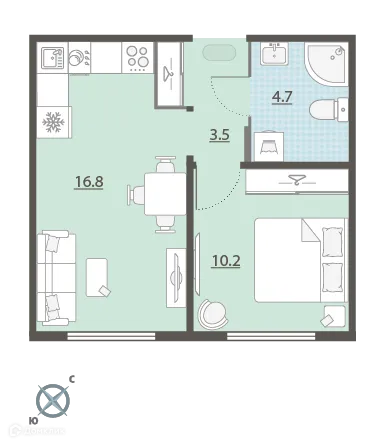 Планировка 1-комнатной квартиры 35.2 м² в ЖК Меридиан, г. Екатеринбург — фото 1