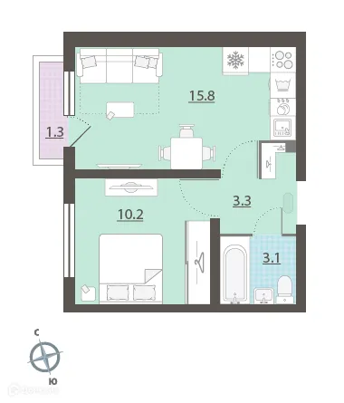 Планировка 1-комнатной квартиры 32.6 м² в ЖК Зеленый остров, г. Екатеринбург — фото 1