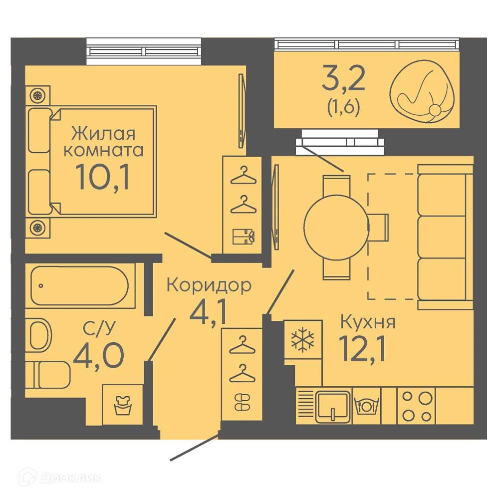Планировка 1-комнатной квартиры 31.9 м² в ЖК Новокольцовский, г. Екатеринбург — фото 1