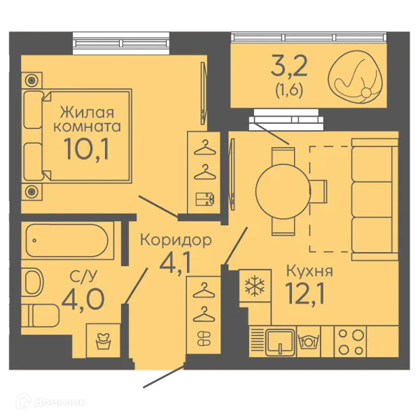 Планировка 1 комн. в ЖК Новокольцовский