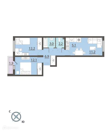 Планировка 2-комнатной квартиры 53 м² в ЖК Мичуринский, г. Екатеринбург — фото 1