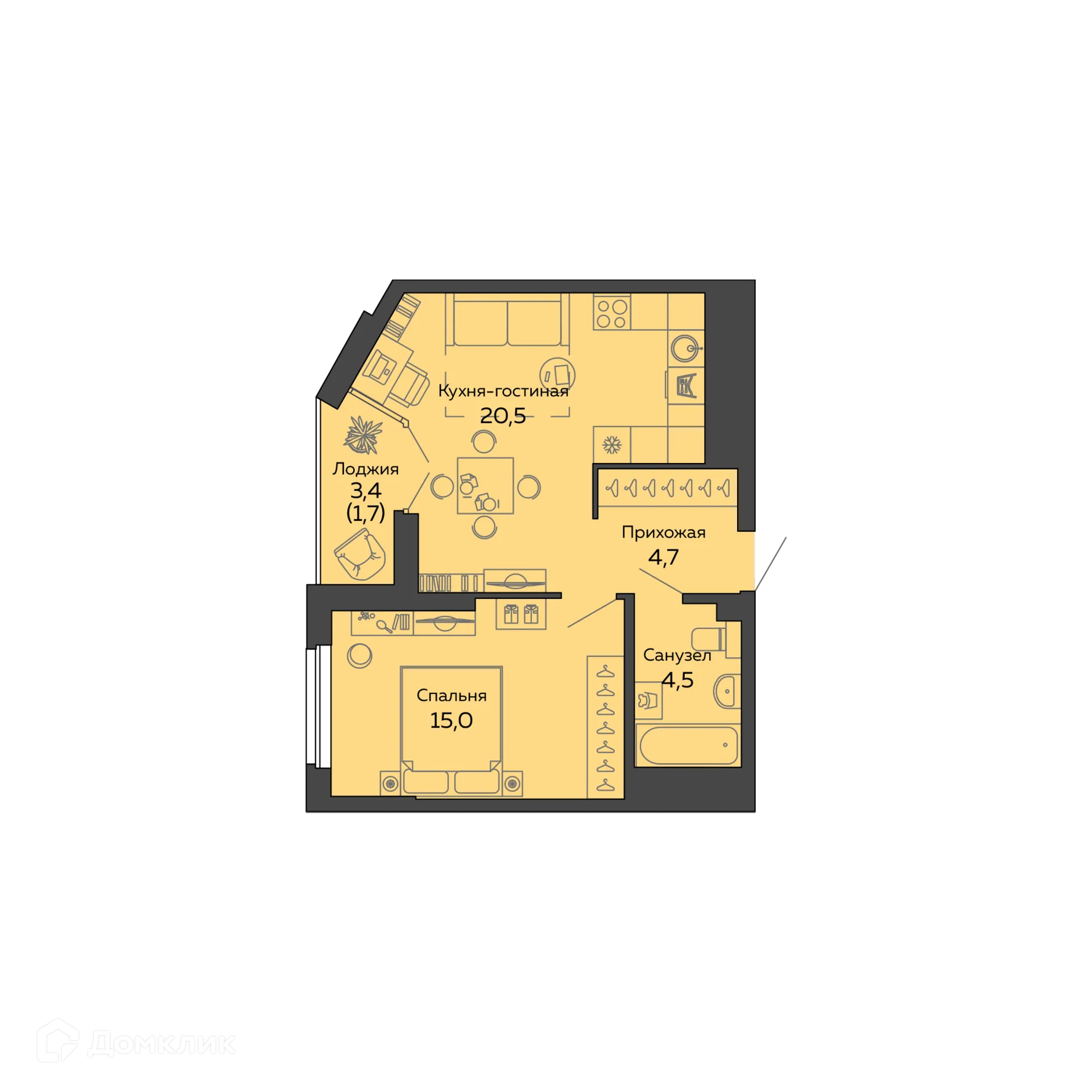 Планировка 1-комнатной квартиры 44.6 м² в ЖК "Botanika Green House (Ботаника Грин Хаус)", г. Екатеринбург — фото 1