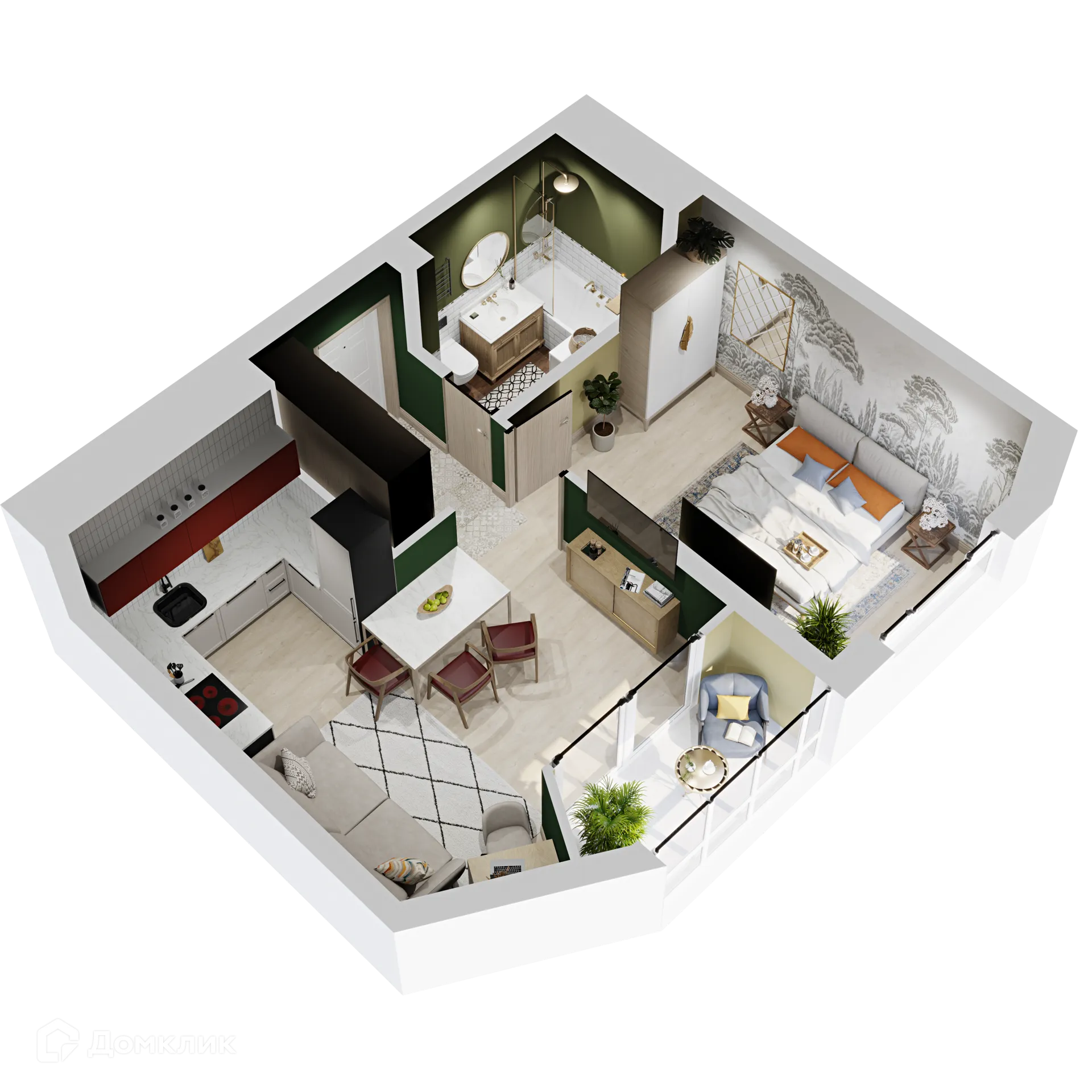 Планировка 1-комнатной квартиры 44.6 м² в ЖК "Botanika Green House (Ботаника Грин Хаус)", г. Екатеринбург — фото 2