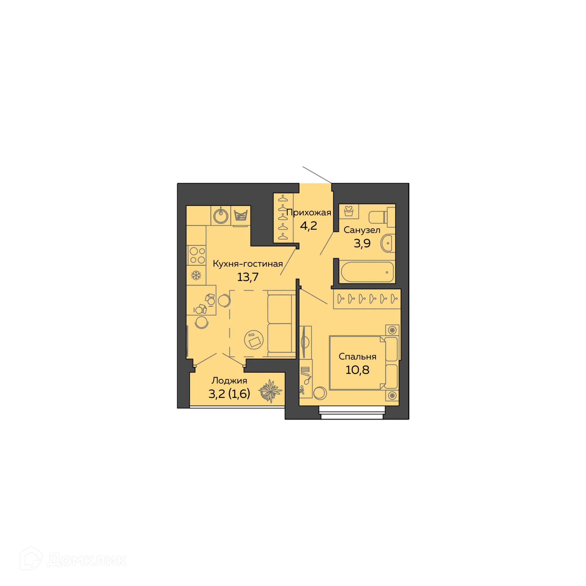 Планировка 1-комнатной квартиры 32.6 м² в ЖК "Botanika Green House (Ботаника Грин Хаус)", г. Екатеринбург — фото 1