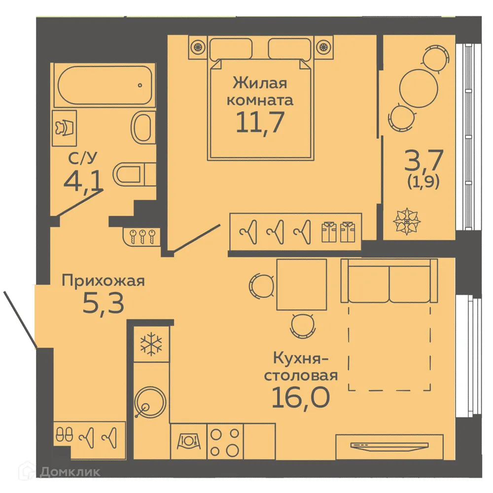 Планировка 1-комнатной квартиры 39 м² в ЖК "Botanika Green House (Ботаника Грин Хаус)", г. Екатеринбург — фото 1