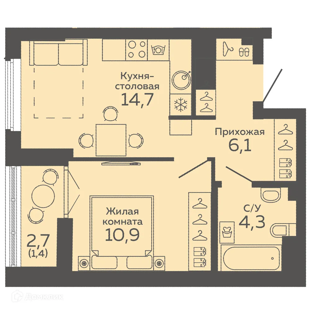 Планировка 1-комнатной квартиры 37.4 м² в ЖК "Botanika Green House (Ботаника Грин Хаус)", г. Екатеринбург — фото 1