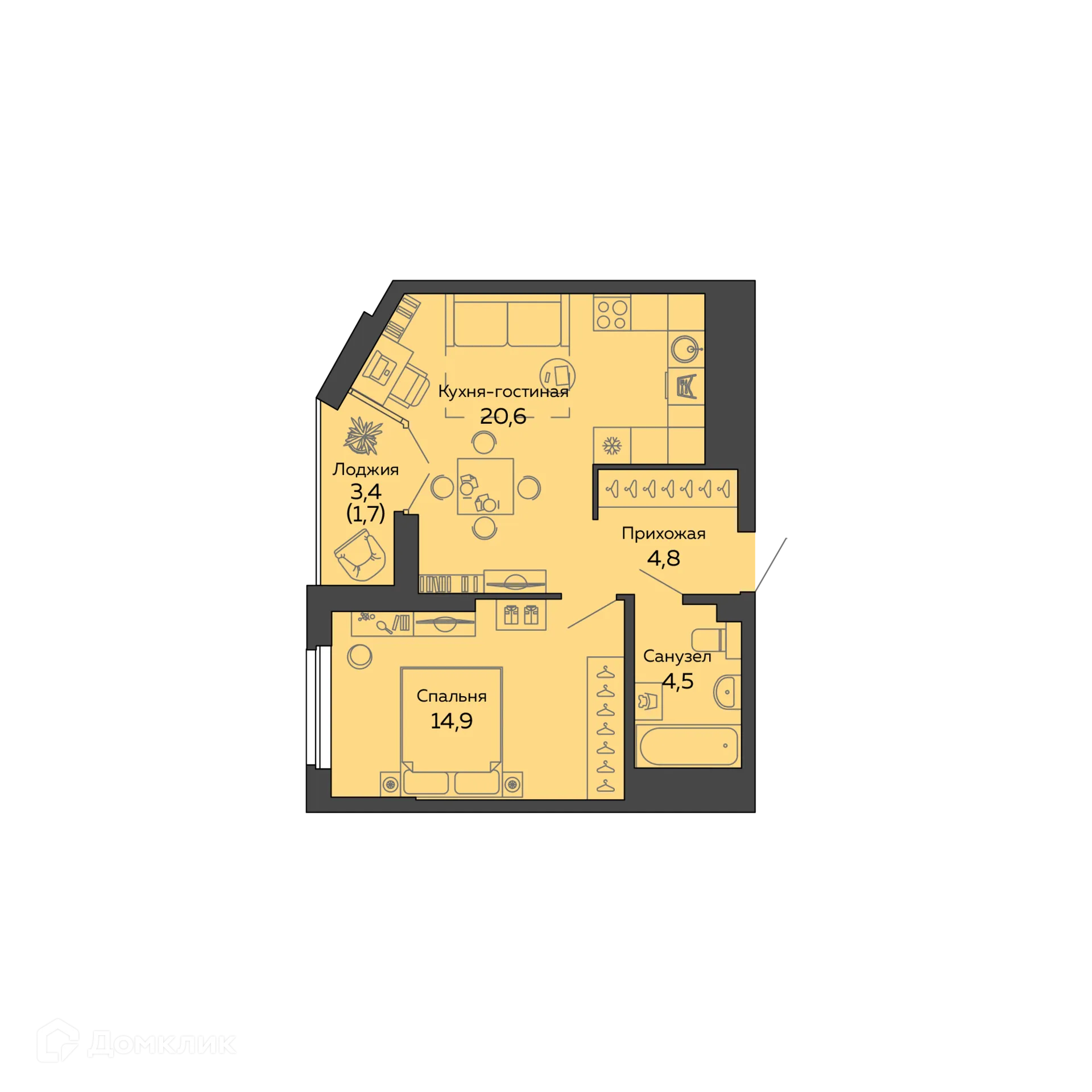 Планировка 1-комнатной квартиры 44.5 м² в ЖК "Botanika Green House (Ботаника Грин Хаус)", г. Екатеринбург — фото 1