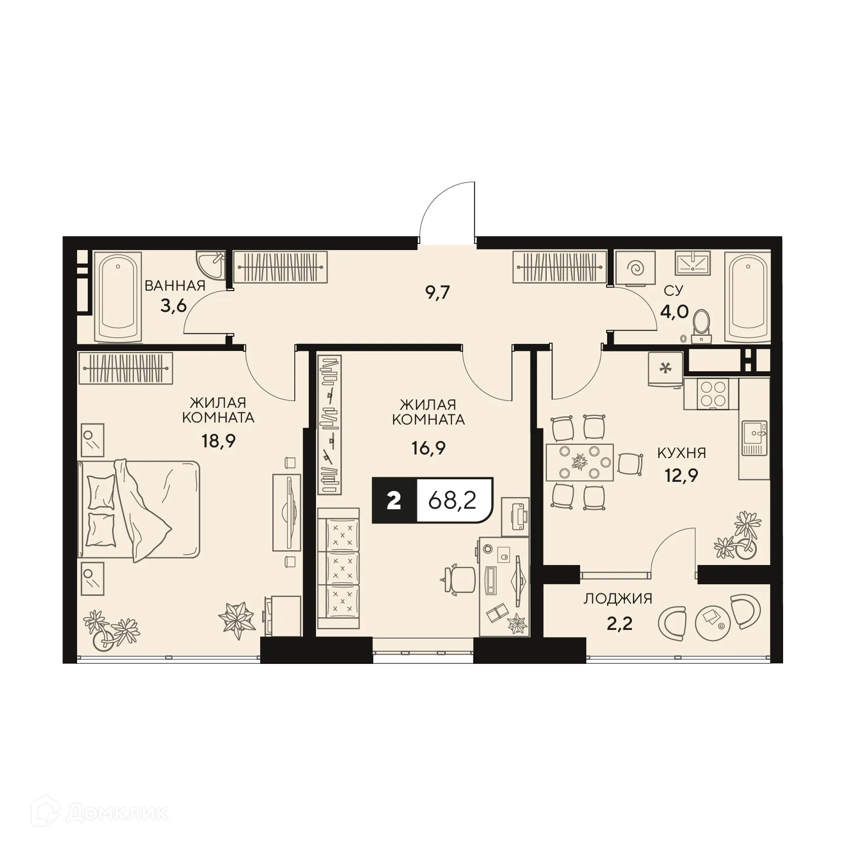 Планировка 2-комнатной квартиры 68.2 м² в ЖК Жилой комплекс "18/3", г. Анапа — фото 1