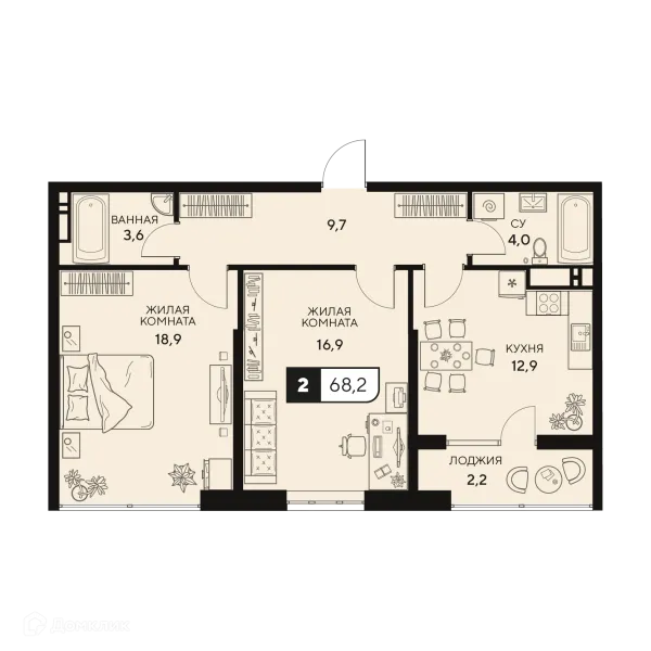 Планировка 2 комн. в ЖК Жилой комплекс "18/3"