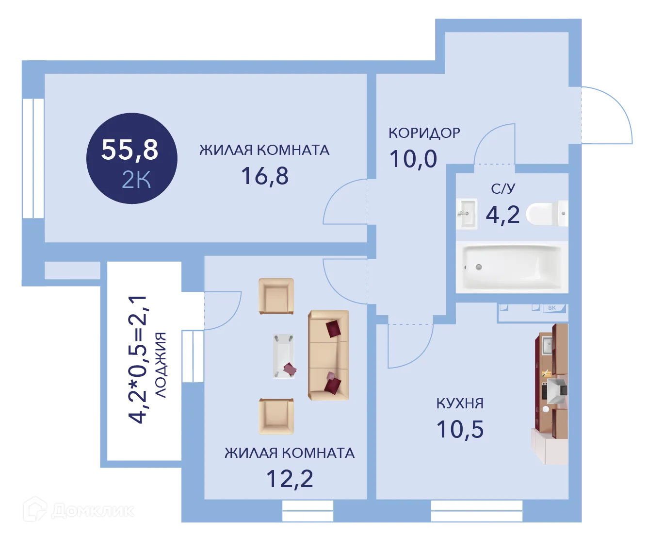 Планировка 2-комнатной квартиры 55.8 м² в ЖК "Два Адмирала", г. Анапа — фото 1