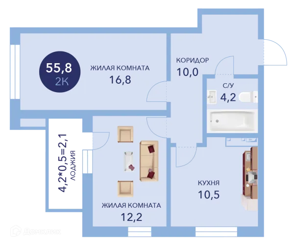 Планировка 2 комн. в ЖК "Два Адмирала"
